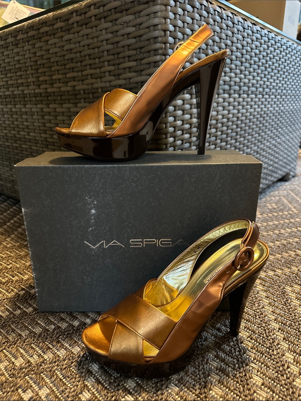 Via Spiga Bronze Leather Platform Slingback Heels
